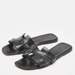 Hermes Black Patent Leather Oran Flat Slides Size 39.5