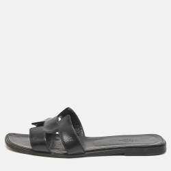 Hermes Black Patent Leather Oran Flat Slides Size 39.5
