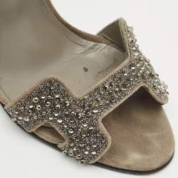 Pre Owned Hermes Grey Suede Crystal Premiere Ankle Strap Sandals Size 36.5
