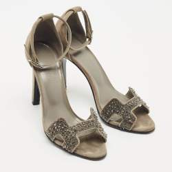 Pre Owned Hermes Grey Suede Crystal Premiere Ankle Strap Sandals Size 36.5