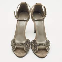 Pre Owned Hermes Grey Suede Crystal Premiere Ankle Strap Sandals Size 36.5