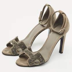 Pre Owned Hermes Grey Suede Crystal Premiere Ankle Strap Sandals Size 36.5