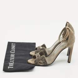Pre Owned Hermes Grey Suede Crystal Premiere Ankle Strap Sandals Size 36.5