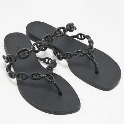 Hermes Black Rubber Island Flat Sandals Size 39