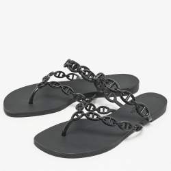 Hermes Black Rubber Island Flat Sandals Size 39