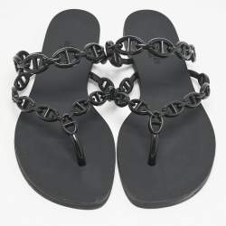 Hermes Black Rubber Island Flat Sandals Size 39