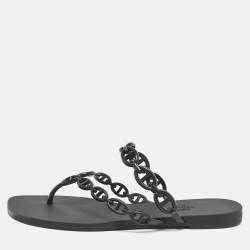 Hermes Black Rubber Island Flat Sandals Size 39