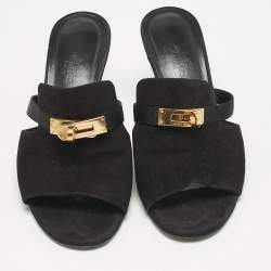 Pre Owned Hermes Black Suede Cute Mule Sandals Size 36