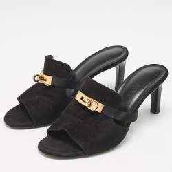 Pre Owned Hermes Black Suede Cute Mule Sandals Size 36