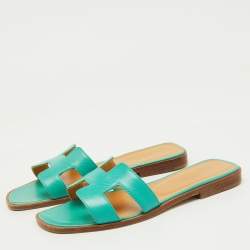 Hermes Turquoise Blue Leather Oran Flat Slide Sandals Size 36.5