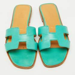 Hermes Turquoise Blue Leather Oran Flat Slide Sandals Size 36.5