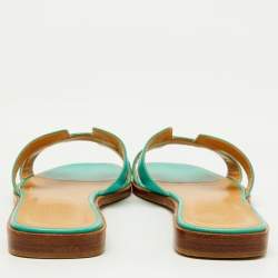 Hermes Turquoise Blue Leather Oran Flat Slide Sandals Size 36.5