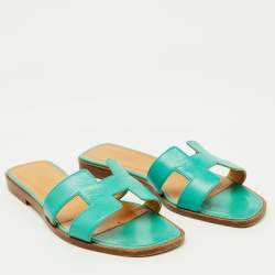 Hermes Turquoise Blue Leather Oran Flat Slide Sandals Size 36.5