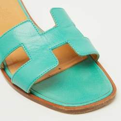 Hermes Turquoise Blue Leather Oran Flat Slide Sandals Size 36.5