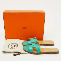 Hermes Turquoise Blue Leather Oran Flat Slide Sandals Size 36.5