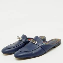 Hermes Navy Blue Leather Oz Flat Mules Size 39.5