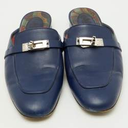 Hermes Navy Blue Leather Oz Flat Mules Size 39.5