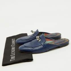 Hermes Navy Blue Leather Oz Flat Mules Size 39.5
