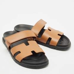 Pre Owned Hermes Brown Leather Chypre Flat Sandals Size 40