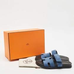 Pre Owned Hermes Blue Suede Chypre Flat Slide Sandals Size 39