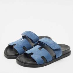 Pre Owned Hermes Blue Suede Chypre Flat Slide Sandals Size 39