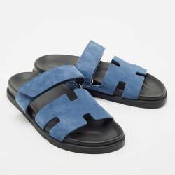 Pre Owned Hermes Blue Suede Chypre Flat Slide Sandals Size 39