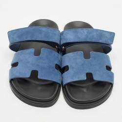 Pre Owned Hermes Blue Suede Chypre Flat Slide Sandals Size 39