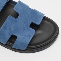 Pre Owned Hermes Blue Suede Chypre Flat Slide Sandals Size 39