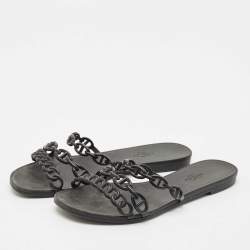 Hermes Black Jelly Chaine d'Ancre Rivage Slide Flats Size 38