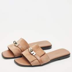 Pre Owned Hermes Light Brown Suede Giulia Flat Slides Size 38