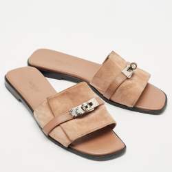Pre Owned Hermes Light Brown Suede Giulia Flat Slides Size 38