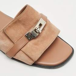 Pre Owned Hermes Light Brown Suede Giulia Flat Slides Size 38