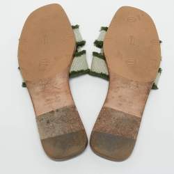 Hermes Green/Off White Canvas Fringe Oran Flat Slide Sandals Size 38