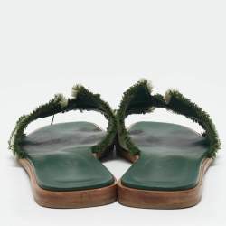 Hermes Green/Off White Canvas Fringe Oran Flat Slide Sandals Size 38