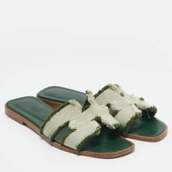 Hermes Green/Off White Canvas Fringe Oran Flat Slide Sandals Size 38