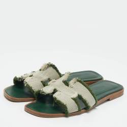 Hermes Green/Off White Canvas Fringe Oran Flat Slide Sandals Size 38