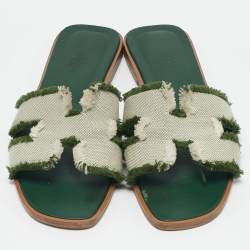 Hermes Green/Off White Canvas Fringe Oran Flat Slide Sandals Size 38