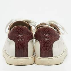 Hermes White/Burgundy Leather and Lizard Quicker Low Top Sneakers Size 40
