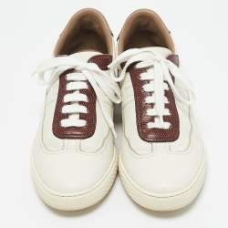Hermes White/Burgundy Leather and Lizard Quicker Low Top Sneakers Size 40
