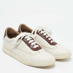 Hermes White/Burgundy Leather and Lizard Quicker Low Top Sneakers Size 40