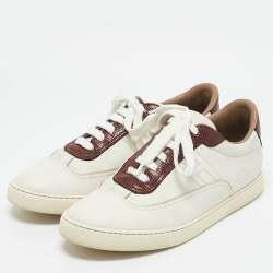 Hermes White/Burgundy Leather and Lizard Quicker Low Top Sneakers Size 40