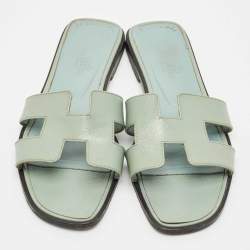 Hermes Sky Blue Patent Leather Oran Sandals Size 37.5