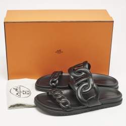 Hermes Black Leather Extra Sandals Size 41