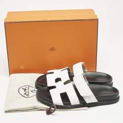 Pre Owned Hermes White Leather Chypre Flat Sandals Size 38