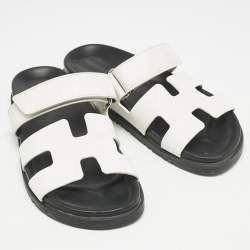 Pre Owned Hermes White Leather Chypre Flat Sandals Size 38