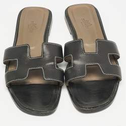 Hermes Black Leather Oran Flat Sandals Size 37.5