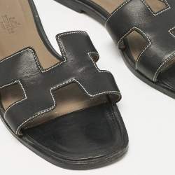 Hermes Black Leather Oran Flat Sandals Size 37.5