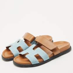 Pre Owned Hermes Brown Denim and Leather Chypre Flat Sandals Size 38