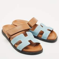 Pre Owned Hermes Brown Denim and Leather Chypre Flat Sandals Size 38