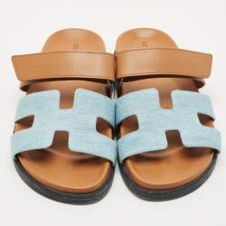 Pre Owned Hermes Brown Denim and Leather Chypre Flat Sandals Size 38